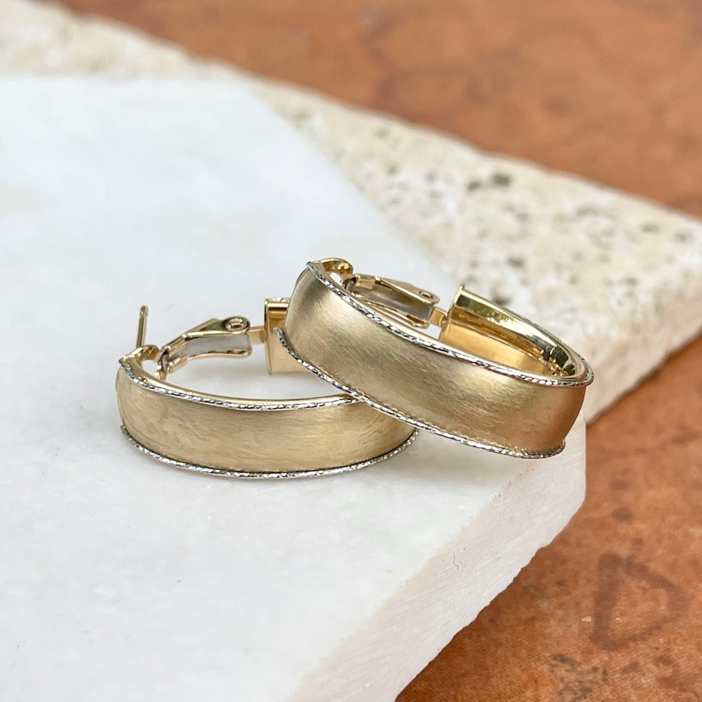 14KT Yellow Gold + White Gold Diamond-Cut Matte Oval Hoop Earrings