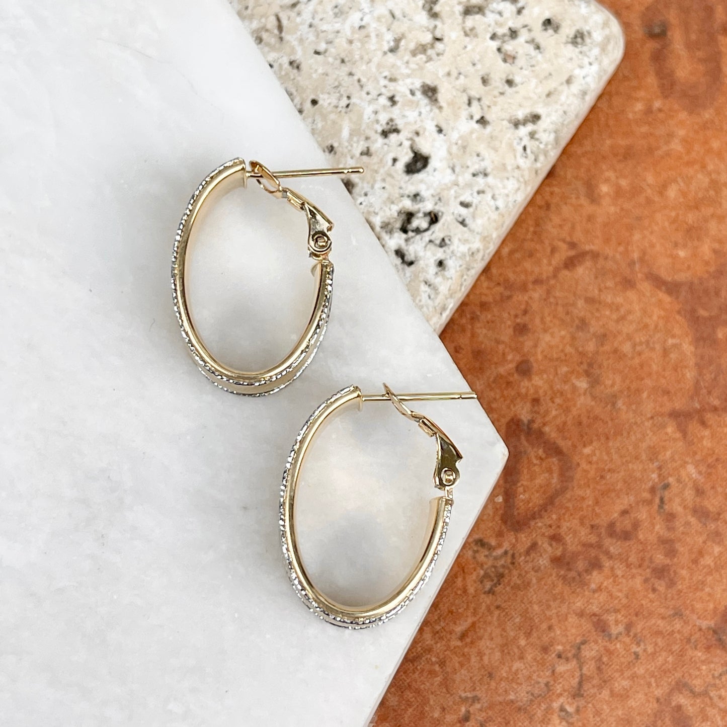 14KT Yellow Gold + White Gold Diamond-Cut Matte Oval Hoop Earrings