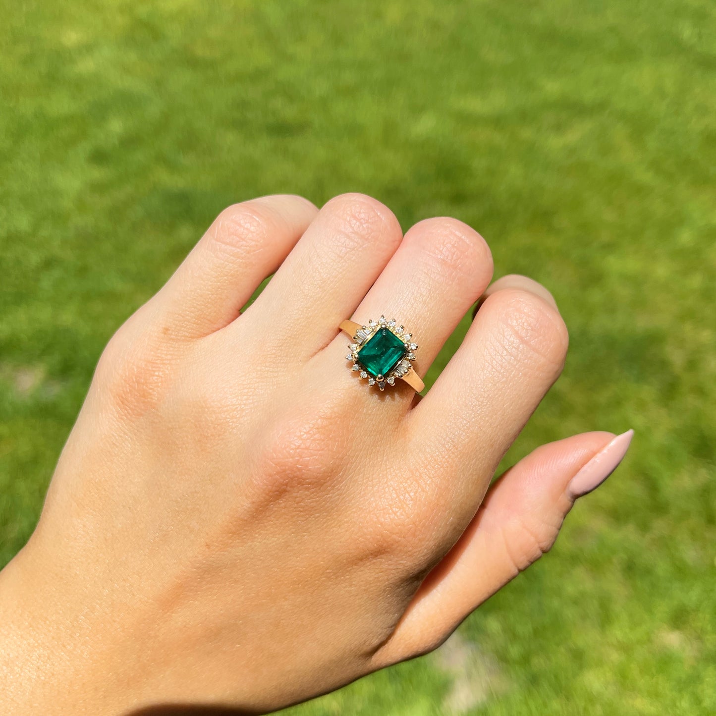 Estate 14KT Yellow Gold 2.00 CT Lab Emerald-Cut Emerald + Baguette Diamond Halo Ring