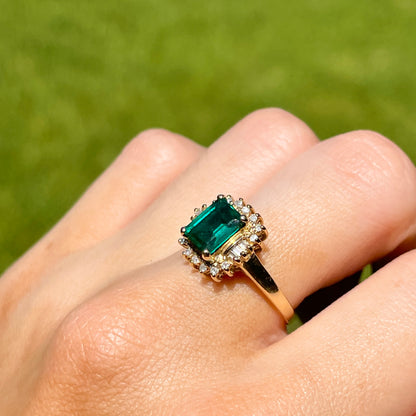 Estate 14KT Yellow Gold 2.00 CT Lab Emerald-Cut Emerald + Baguette Diamond Halo Ring