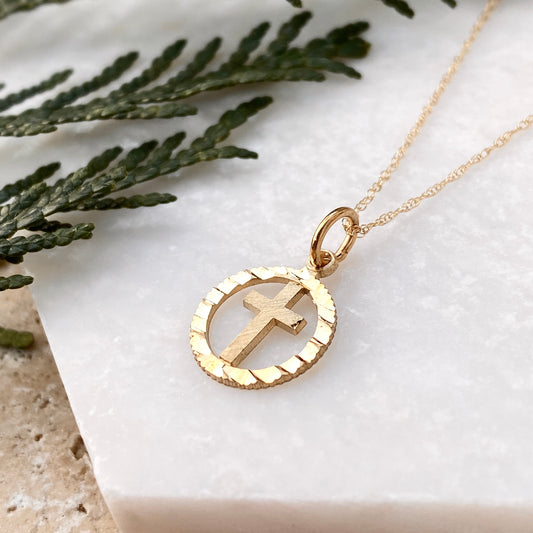 10KT Yellow Gold Diamond-Cut Cross in Circle "Eternal Life" Pendant Necklace, 10KT Yellow Gold Diamond-Cut Cross in Circle "Eternal Life" Pendant Necklace - Legacy Saint Jewelry