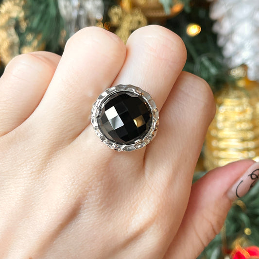 Sterling Silver Genuine Round 9.8 CT Black Onyx Hammered Ring - LSJ