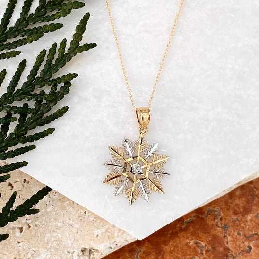 10KT Yellow Gold + White Rhodium Snowflake Pendant Chain Necklace, 10KT Yellow Gold + White Rhodium Snowflake Pendant Chain Necklace - Legacy Saint Jewelry