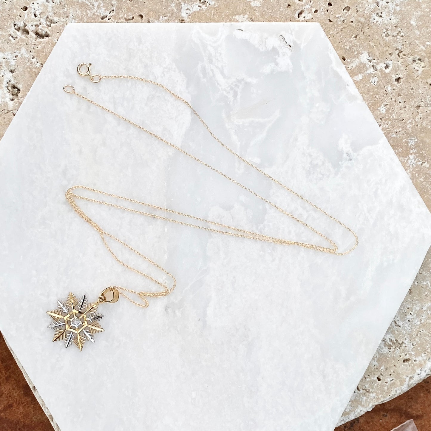 10KT Yellow Gold + White Rhodium Snowflake Pendant Chain Necklace, 10KT Yellow Gold + White Rhodium Snowflake Pendant Chain Necklace - Legacy Saint Jewelry