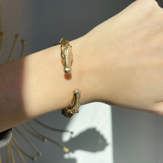 Estate 14KT Yellow Gold Double Horse Head Ruby Eyes Bangle Cuff Bracelet - LSJ