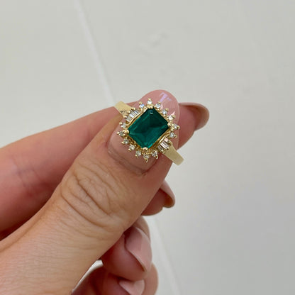 Estate 14KT Yellow Gold 2.00 CT Lab Emerald-Cut Emerald + Baguette Diamond Halo Ring