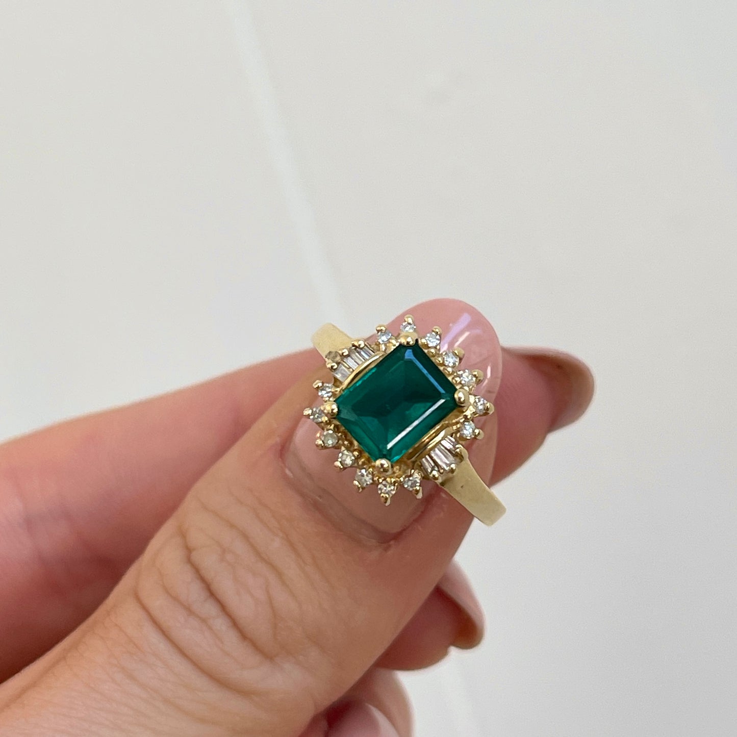 Estate 14KT Yellow Gold 2.00 CT Lab Emerald-Cut Emerald + Baguette Diamond Halo Ring