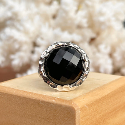 Sterling Silver Genuine Round 9.8 CT Black Onyx Hammered Ring - LSJ