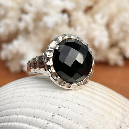 Sterling Silver Genuine Round 9.8 CT Black Onyx Hammered Ring - LSJ