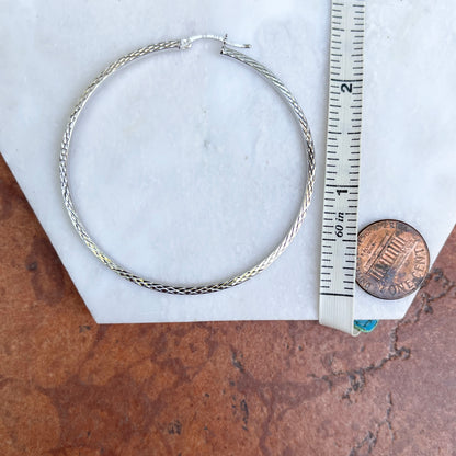 Sterling Silver Polished + Diamond-Cut Square Tube Hoop Earrings 60mm
