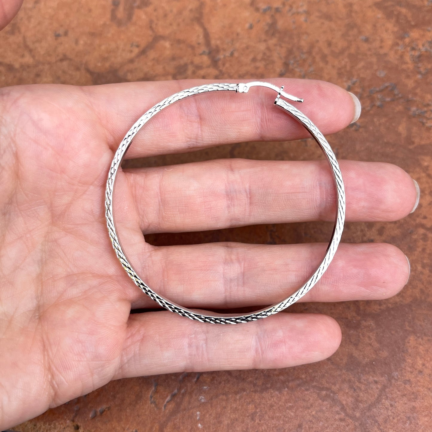 Sterling Silver Polished + Diamond-Cut Square Tube Hoop Earrings 60mm