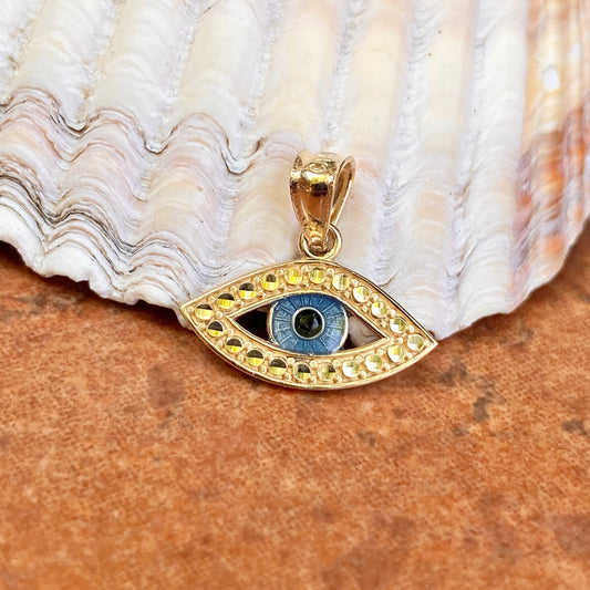 14KT Yellow Gold Diamond-Cut Blue Enamel Evil Eye Pendant Charm, 14KT Yellow Gold Diamond-Cut Blue Enamel Evil Eye Pendant Charm - Legacy Saint Jewelry