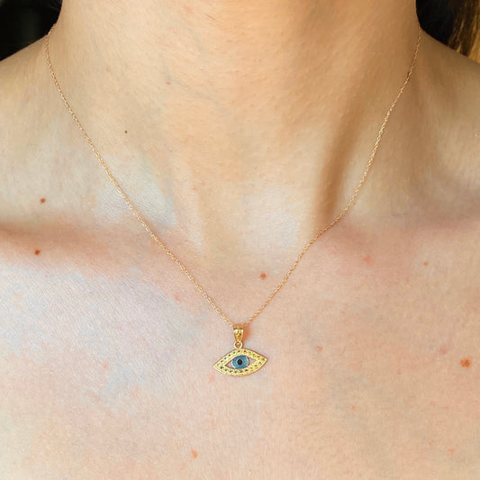 14KT Yellow Gold Diamond-Cut Blue Enamel Evil Eye Pendant Charm, 14KT Yellow Gold Diamond-Cut Blue Enamel Evil Eye Pendant Charm - Legacy Saint Jewelry