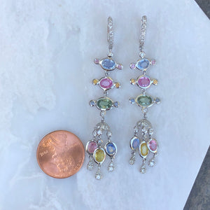 18KT White Gold Pave Diamond Pastel Colored Sapphires Chandelier Estate Earrings - Legacy Saint Jewelry