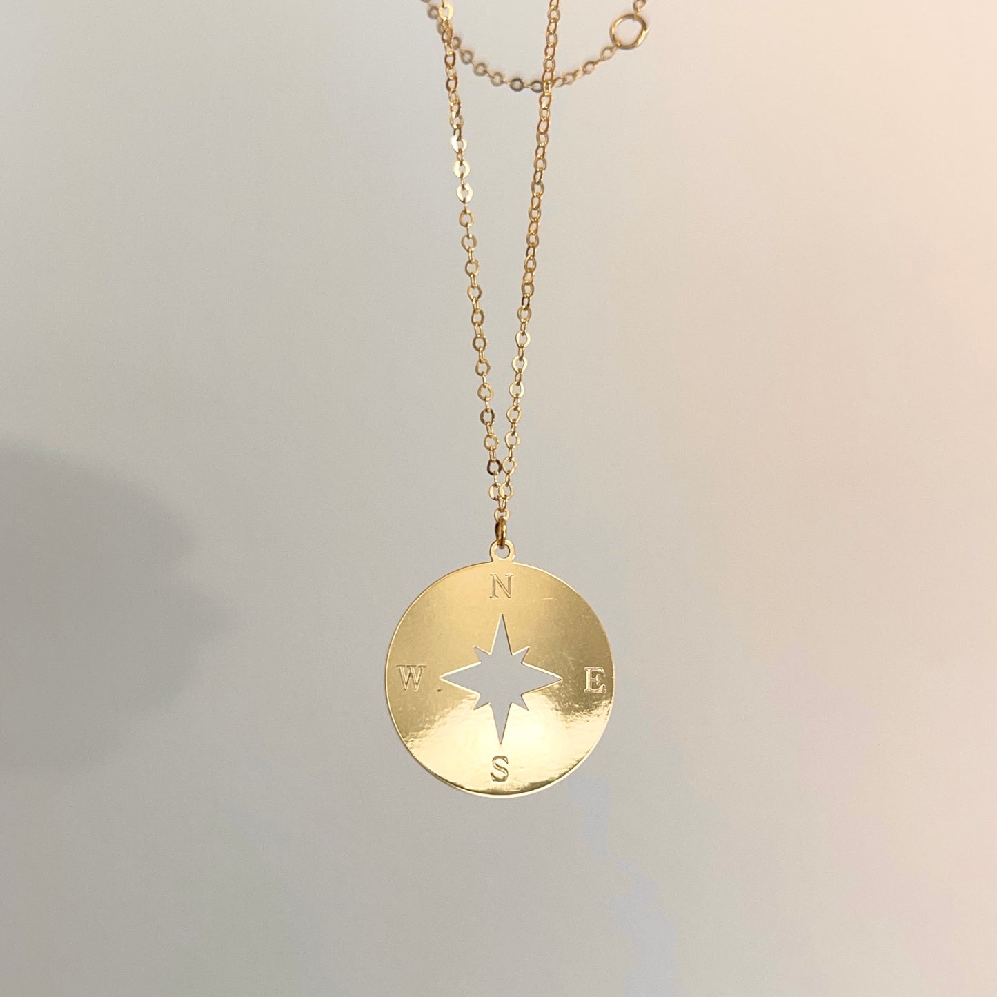 14KT Yellow Gold North Star Compass Disc Pendant Chain Necklace