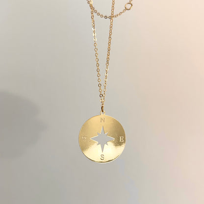 14KT Yellow Gold North Star Compass Disc Pendant Chain Necklace