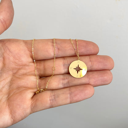 14KT Yellow Gold North Star Compass Disc Pendant Chain Necklace