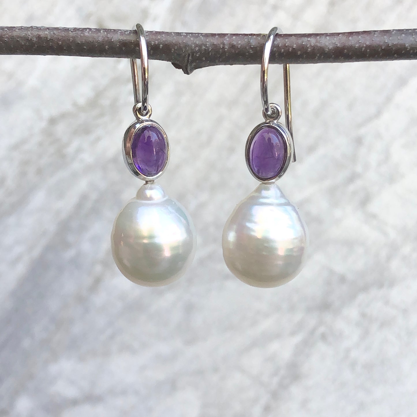 14KT White Gold Amethyst + 11mm Paspaley South Sea Pearl Hook Earrings - Legacy Saint Jewelry