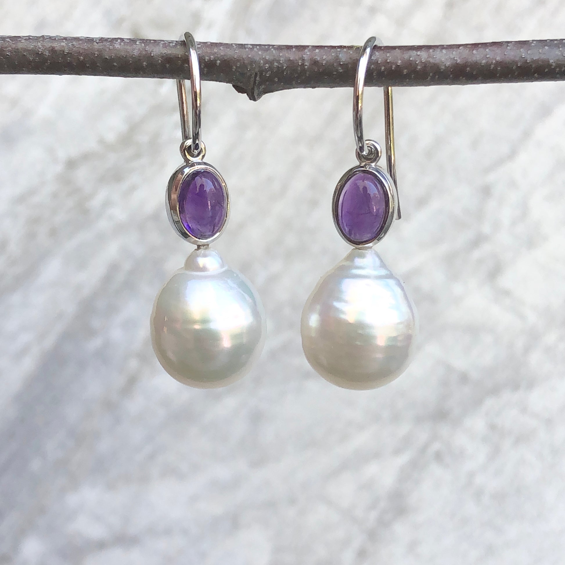 14KT White Gold Amethyst + 11mm Paspaley South Sea Pearl Hook Earrings - Legacy Saint Jewelry