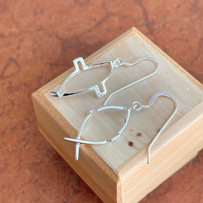 Sterling Silver Ichthus Cross Fish Dangle Wire Earrings