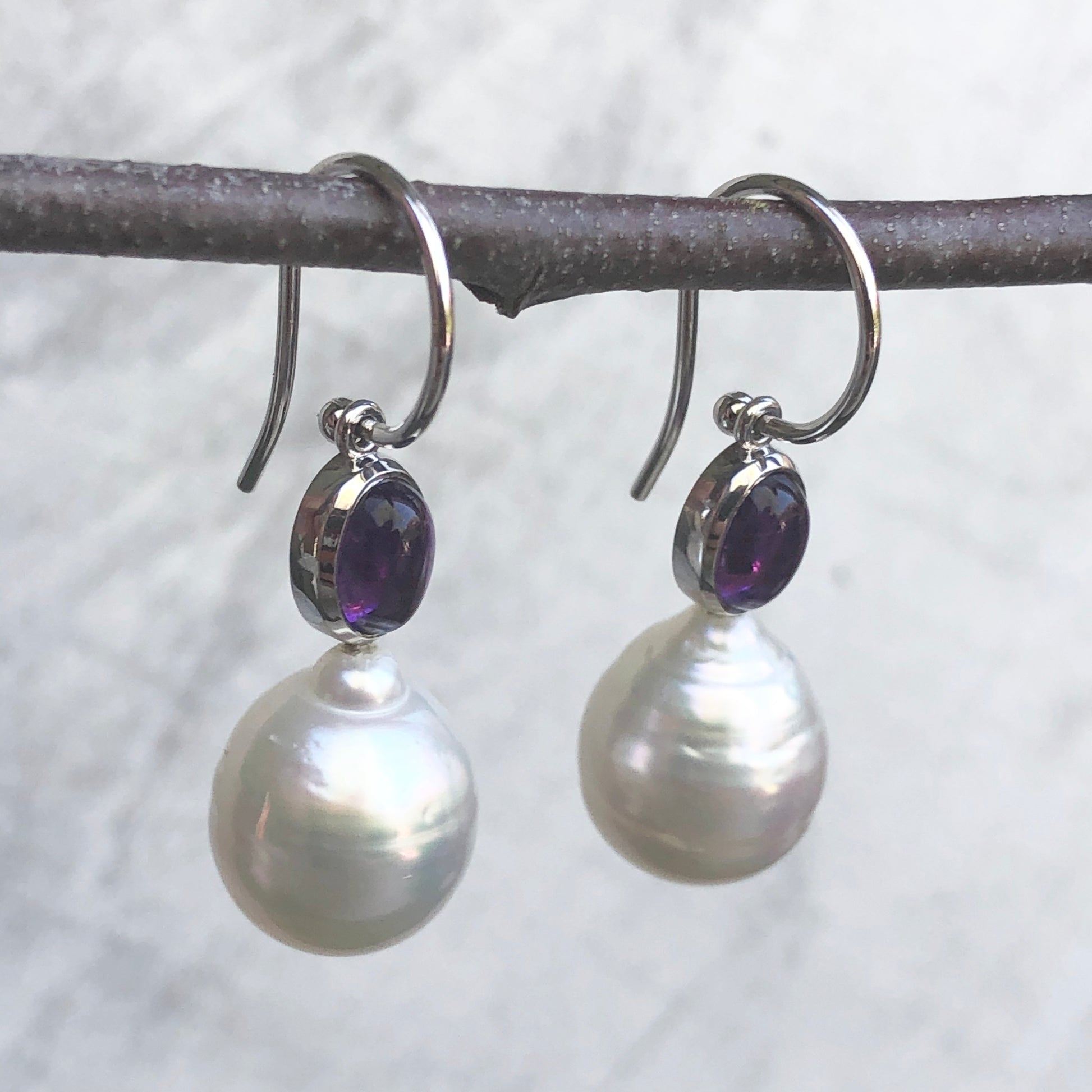 14KT White Gold Amethyst + 11mm Paspaley South Sea Pearl Hook Earrings - Legacy Saint Jewelry