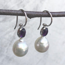 Load image into Gallery viewer, 14KT White Gold Amethyst + 11mm Paspaley South Sea Pearl Hook Earrings - Legacy Saint Jewelry