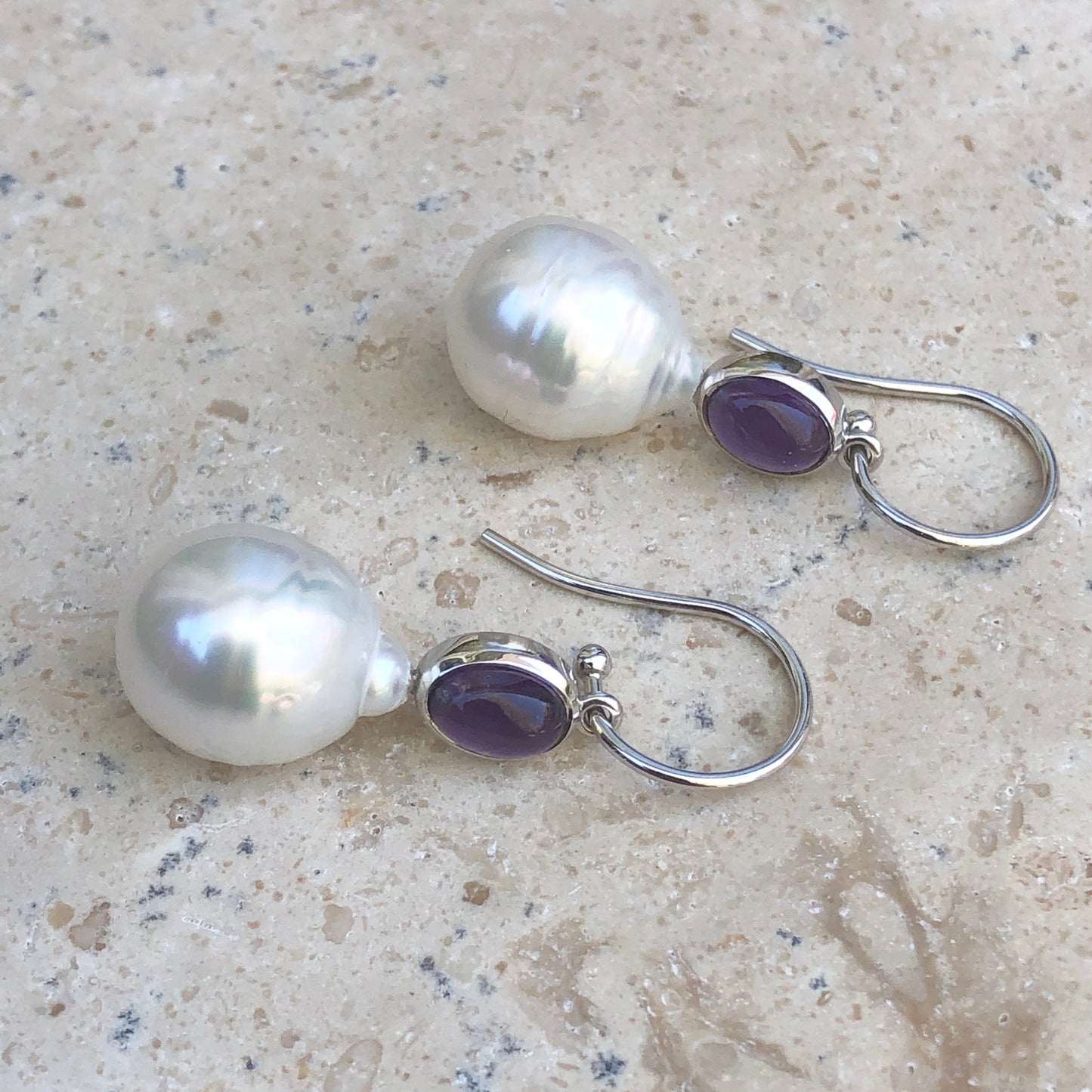 14KT White Gold Amethyst + 11mm Paspaley South Sea Pearl Hook Earrings - Legacy Saint Jewelry