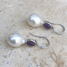 Load image into Gallery viewer, 14KT White Gold Amethyst + 11mm Paspaley South Sea Pearl Hook Earrings - Legacy Saint Jewelry