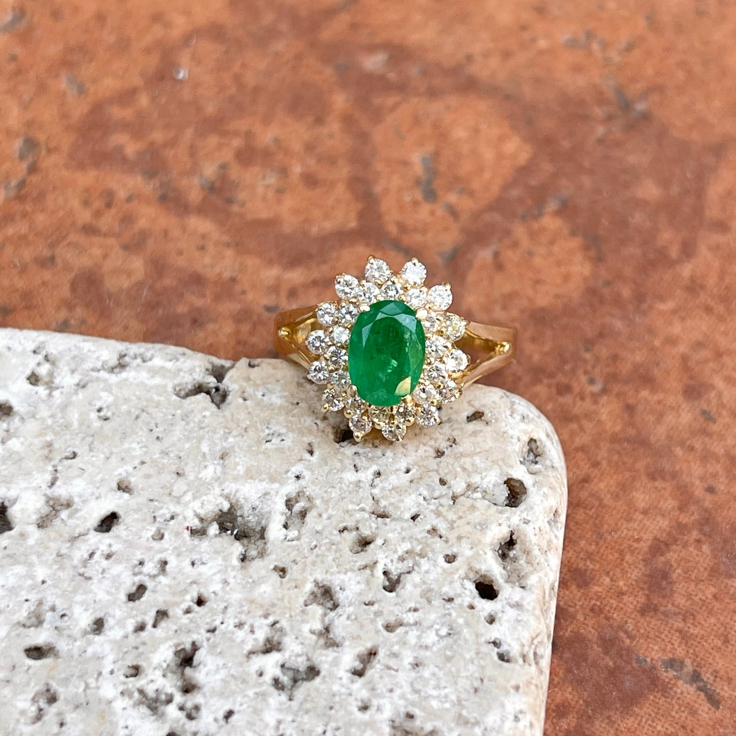 Estate 14KT Yellow Gold Oval 1.10 CT Emerald + Diamond Double Halo Ring