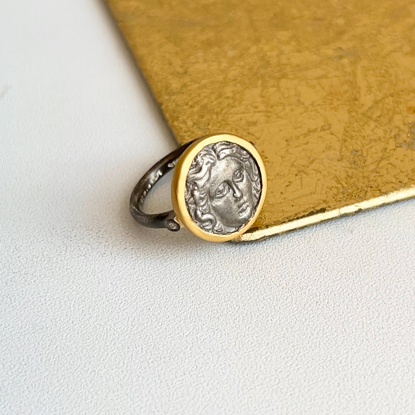 24KT Gold-Infused + Sterling Silver Roman Figure Coin Diamond Ring