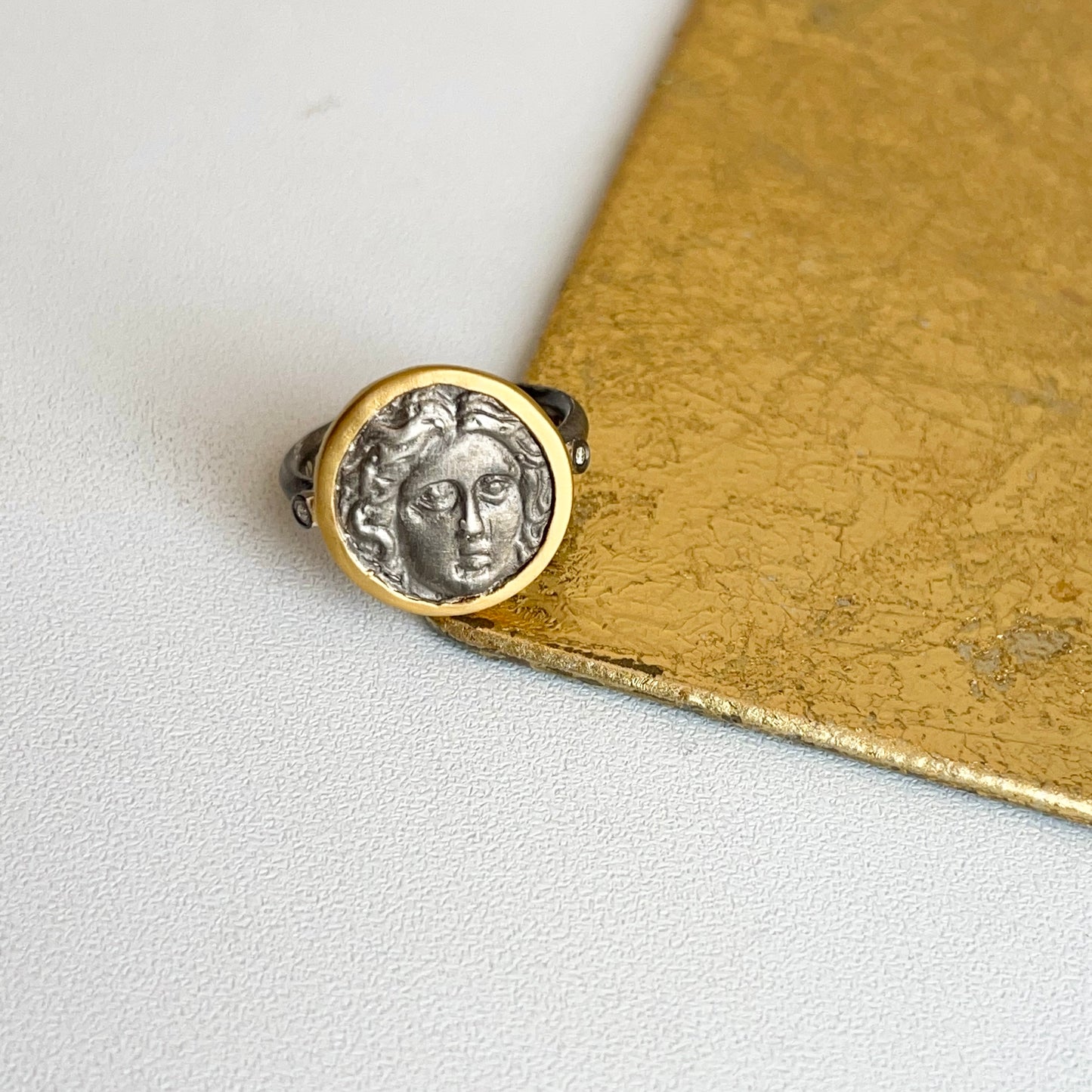 24KT Gold-Infused + Sterling Silver Roman Figure Coin Diamond Ring