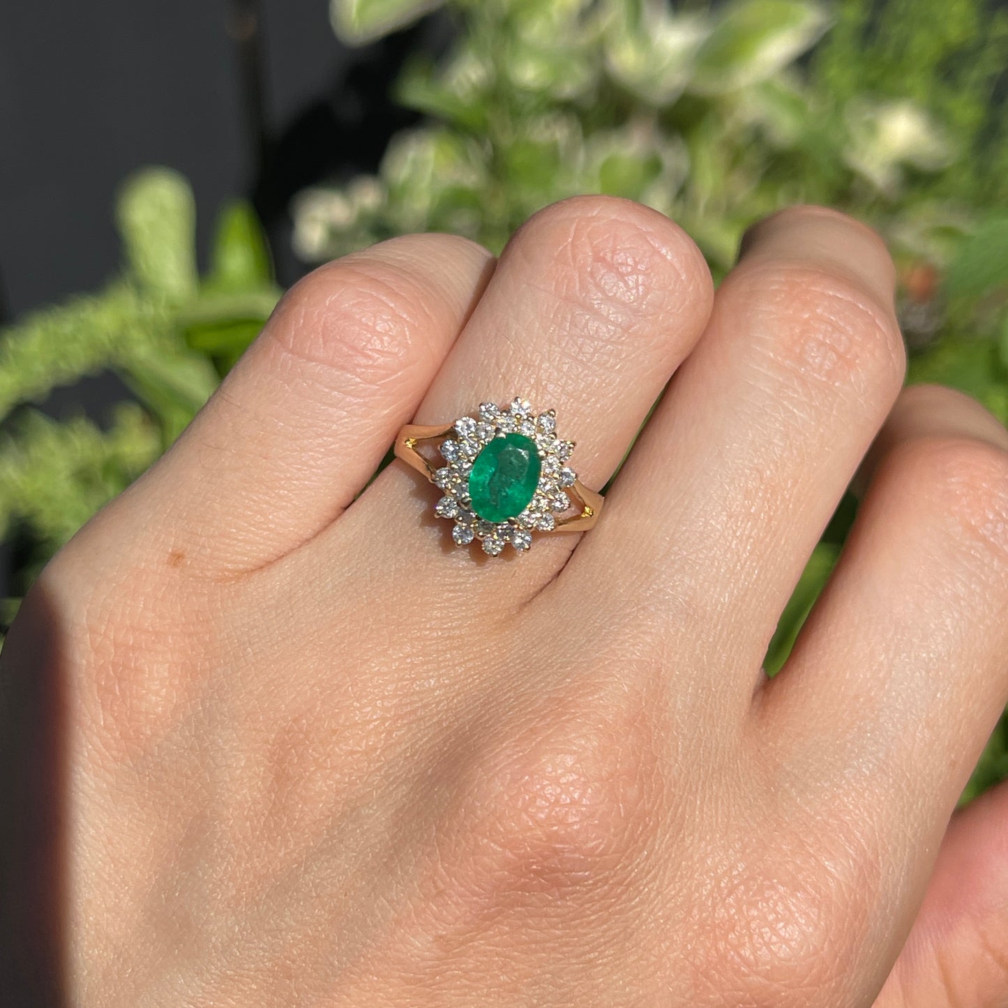 Estate 14KT Yellow Gold Oval 1.10 CT Emerald + Diamond Double Halo Ring