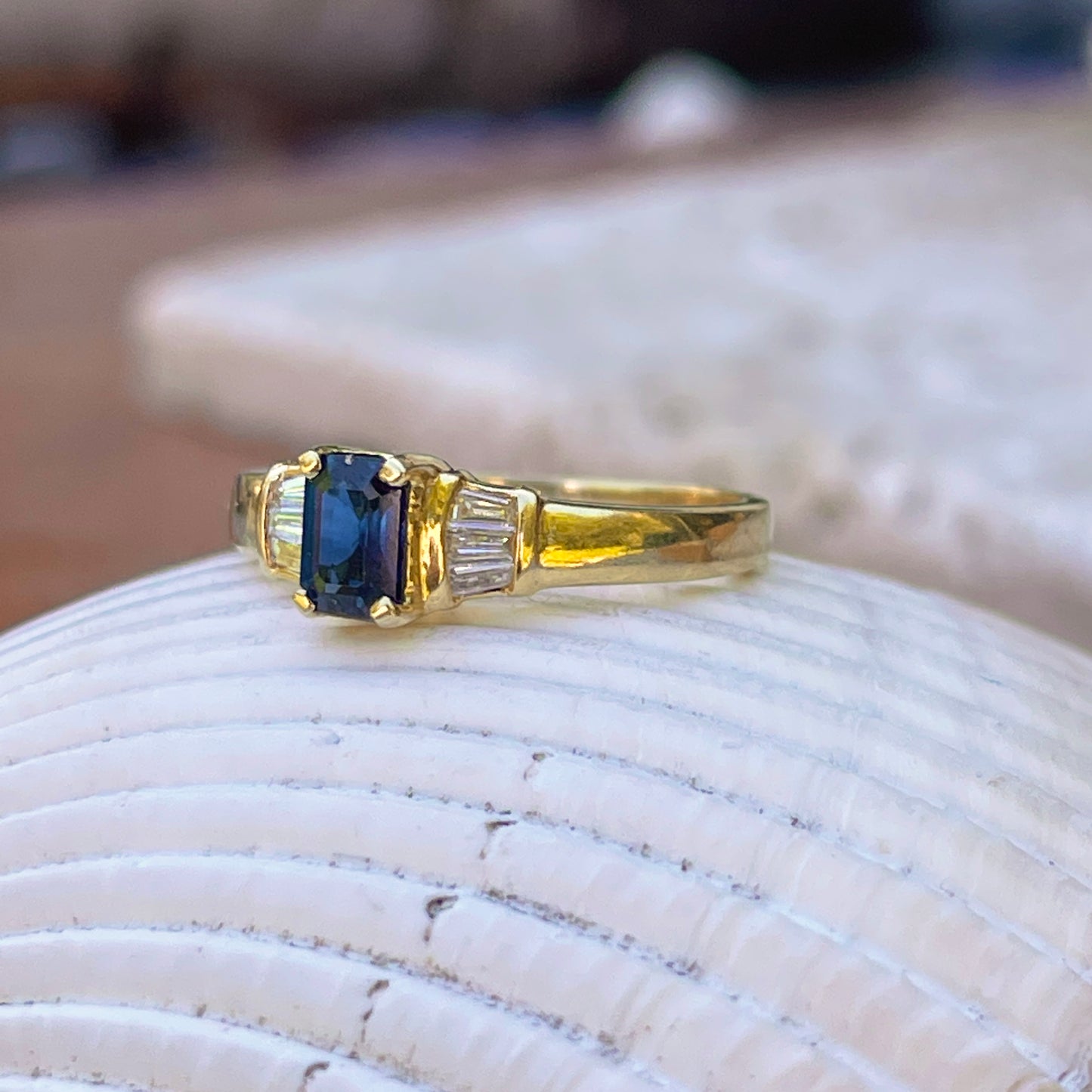 Estate 18KT Yellow Gold Emerald-Cut .75 CT Blue Sapphire + Baguette Diamond Ring