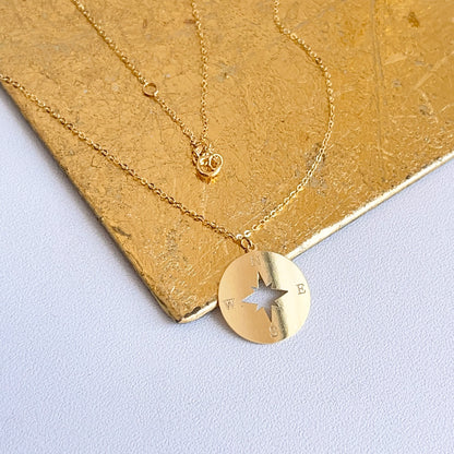 14KT Yellow Gold North Star Compass Disc Pendant Chain Necklace