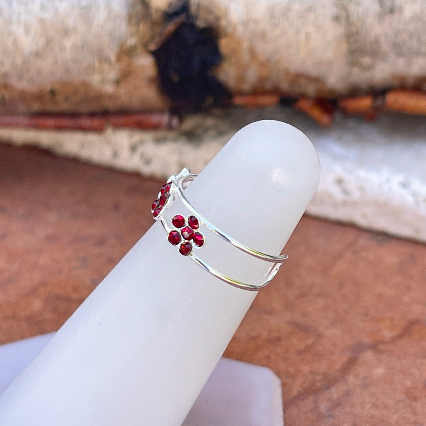 Sterling Silver Maroon Crystal Flowers Toe Ring