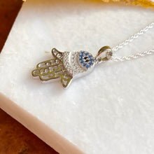 Load image into Gallery viewer, Sterling Silver CZ + Blue Sapphire Hamsa/ Chamseh Pendant Necklace, Sterling Silver CZ + Blue Sapphire Hamsa/ Chamseh Pendant Necklace - Legacy Saint Jewelry