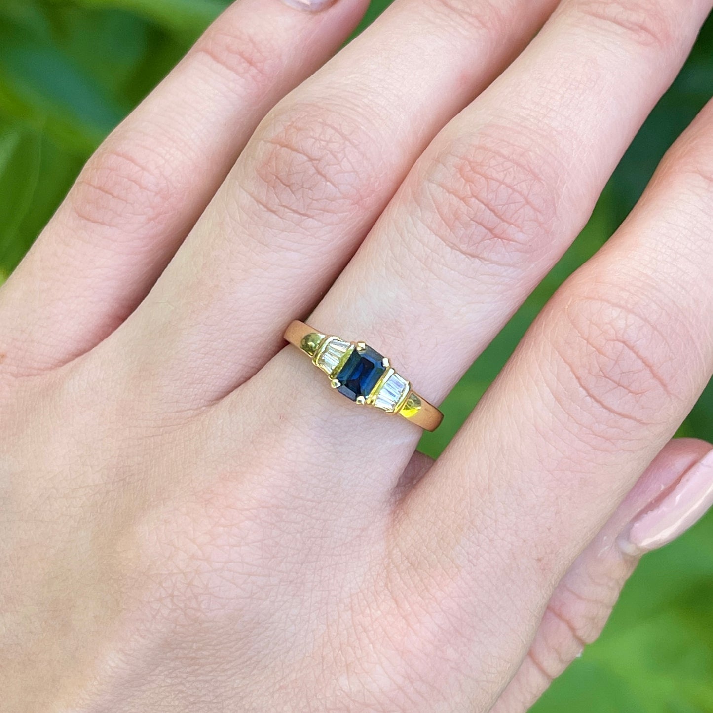 Estate 18KT Yellow Gold Emerald-Cut .75 CT Blue Sapphire + Baguette Diamond Ring