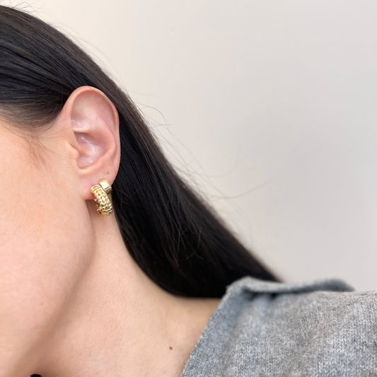 14KT Yellow Gold Popcorn Detail Omega Back Hoop Earrings 19mm