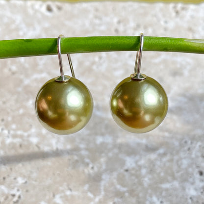 Sterling Silver Euro Wire Olive Green Shell Pearl Ball Earrings 16mm, Sterling Silver Euro Wire Olive Green Shell Pearl Ball Earrings 16mm - Legacy Saint Jewelry