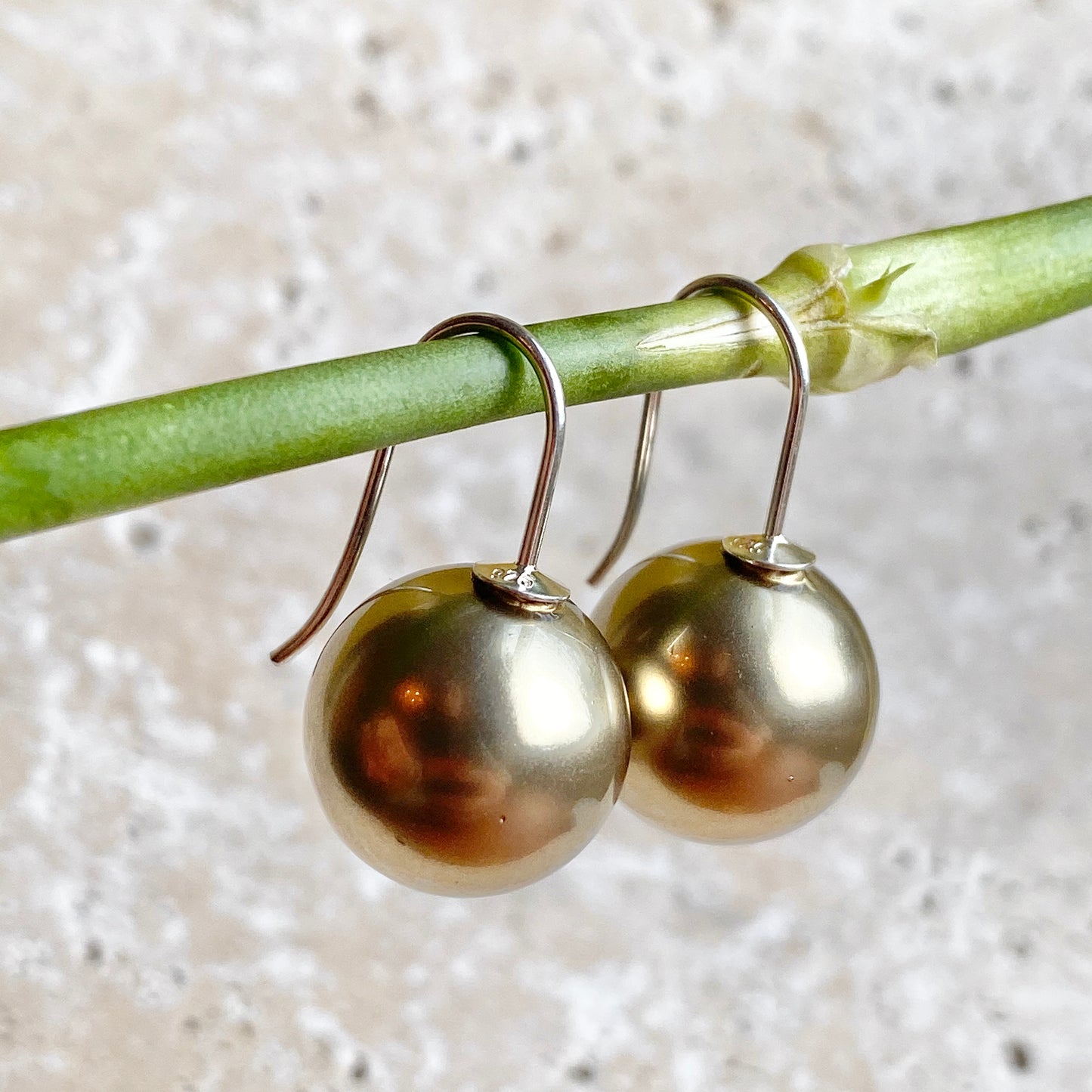 Sterling Silver Euro Wire Olive Green Shell Pearl Ball Earrings 16mm, Sterling Silver Euro Wire Olive Green Shell Pearl Ball Earrings 16mm - Legacy Saint Jewelry