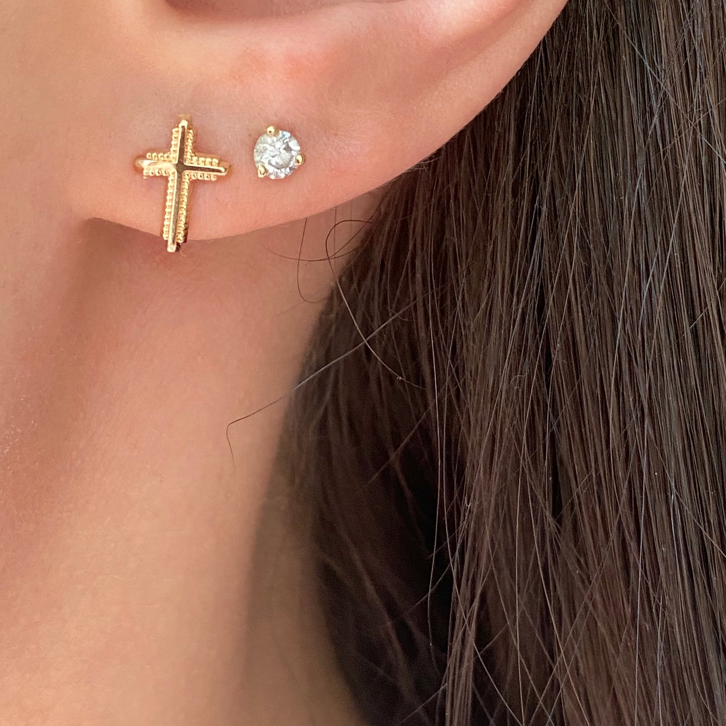 14KT Yellow Gold Bubbled Mini Cross Post Stud Earrings, 14KT Yellow Gold Bubbled Mini Cross Post Stud Earrings - Legacy Saint Jewelry
