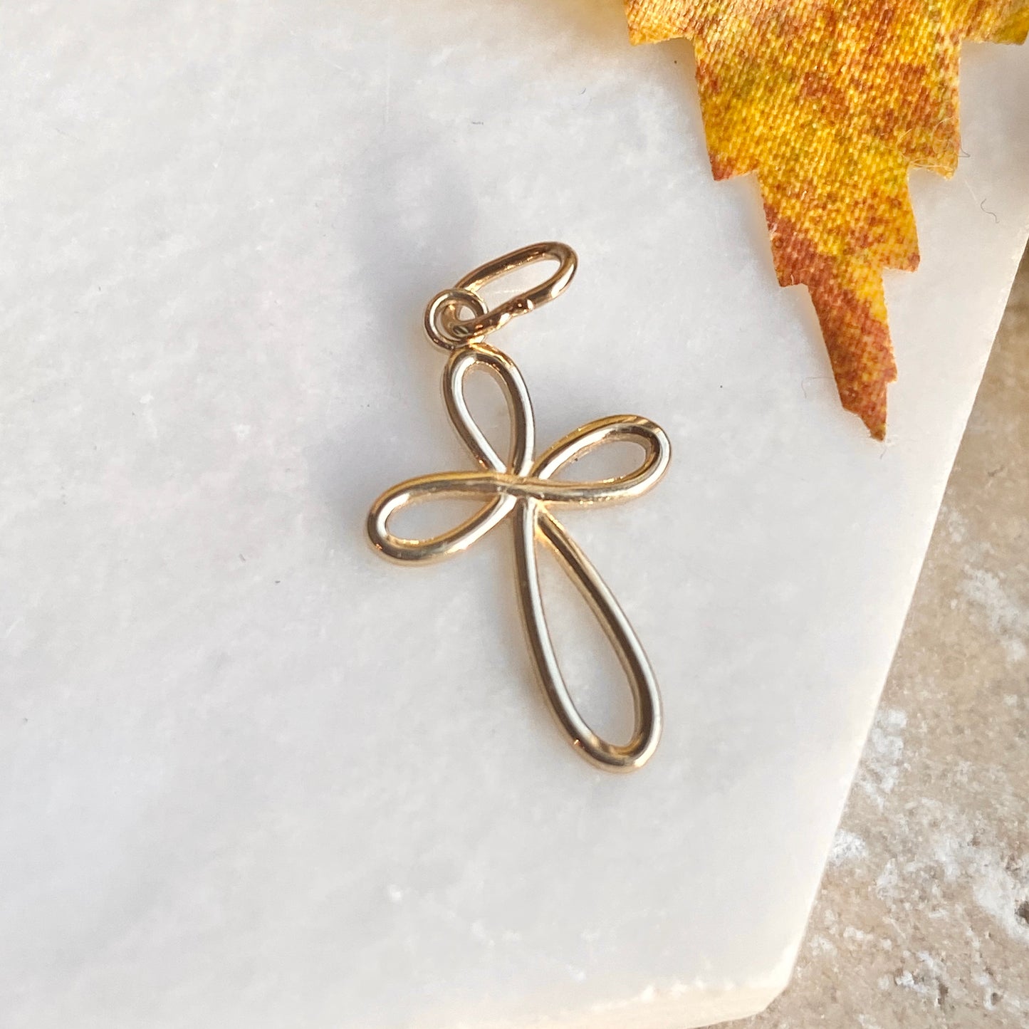 14KT Yellow Gold Small Ribbon Cross Pendant Charm, 14KT Yellow Gold Small Ribbon Cross Pendant Charm - Legacy Saint Jewelry