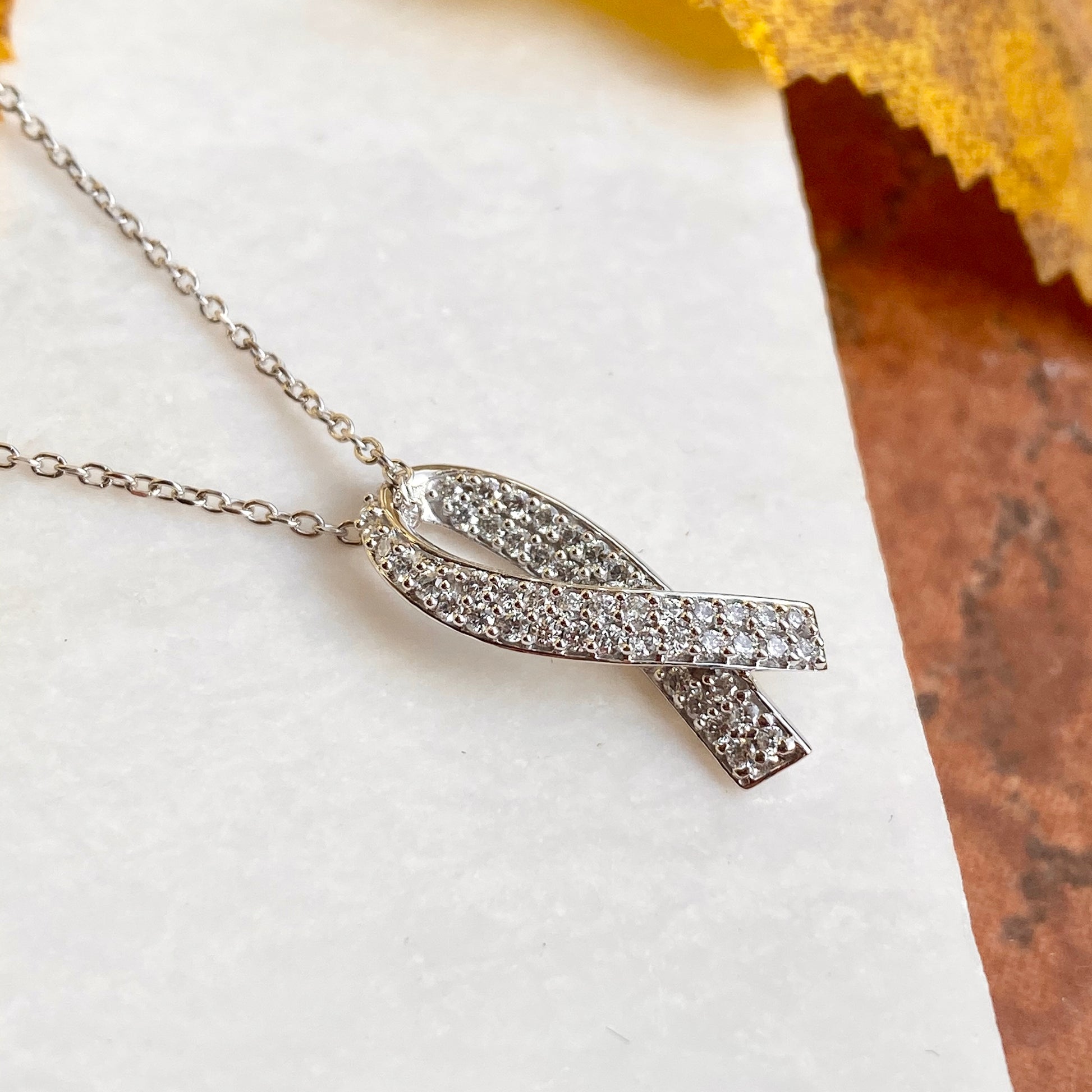 14KT White Gold Pave Diamond Breast Cancer Awareness Ribbon Pendant Necklace, 14KT White Gold Pave Diamond Breast Cancer Awareness Ribbon Pendant Necklace - Legacy Saint Jewelry