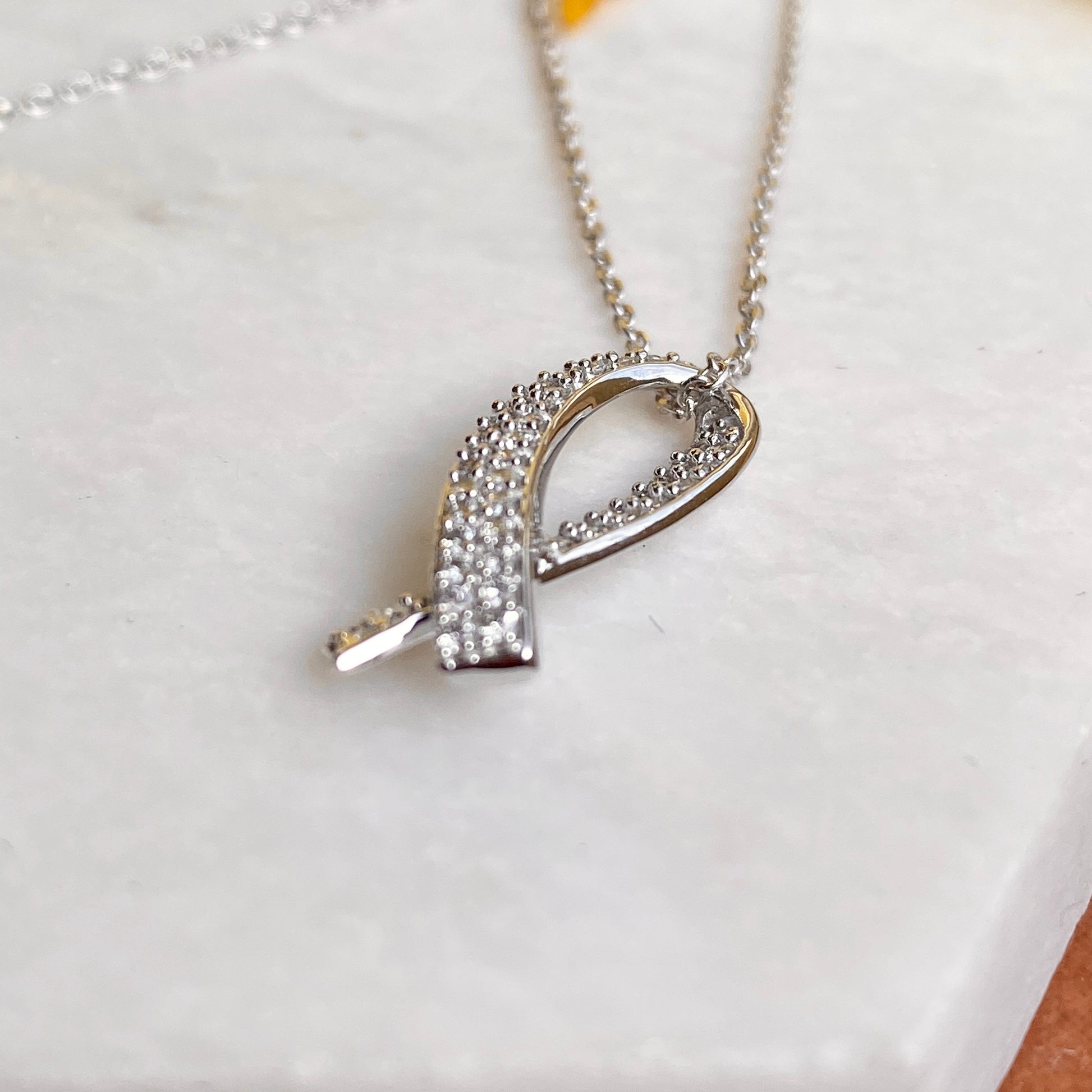 14KT White Gold Pave Diamond Breast Cancer Awareness Ribbon Pendant Necklace, 14KT White Gold Pave Diamond Breast Cancer Awareness Ribbon Pendant Necklace - Legacy Saint Jewelry