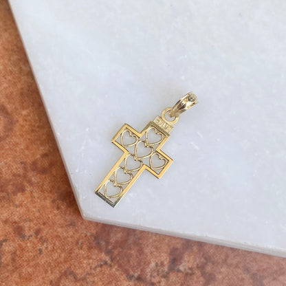 10KT Yellow Gold Cut-Out Hearts Design Small Cross Pendant Charm, 10KT Yellow Gold Cut-Out Hearts Design Small Cross Pendant Charm - Legacy Saint Jewelry