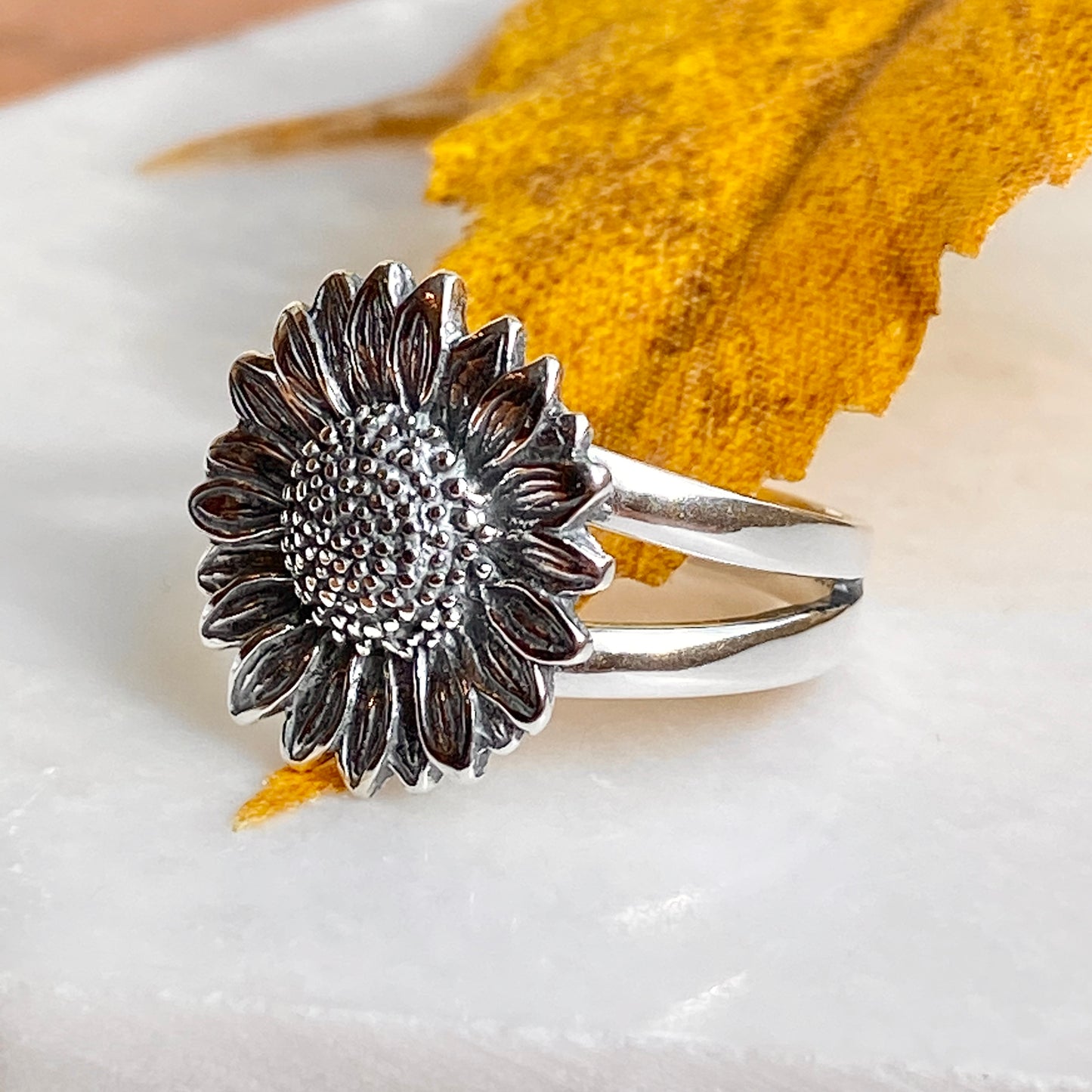 Sterling Silver Oxidized Sunflower Split-Shank Ring, Sterling Silver Oxidized Sunflower Split-Shank Ring - Legacy Saint Jewelry
