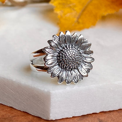 Sterling Silver Oxidized Sunflower Split-Shank Ring, Sterling Silver Oxidized Sunflower Split-Shank Ring - Legacy Saint Jewelry