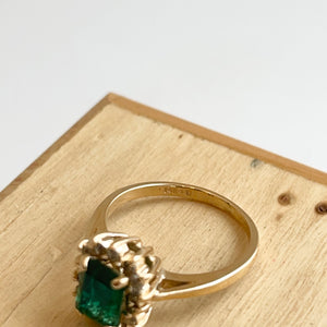 Estate 14KT Yellow Gold 1.25 CT Emerald-Cut Lab Emerald + Diamond Halo Ring
