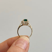 Load image into Gallery viewer, Estate 14KT Yellow Gold 1.25 CT Emerald-Cut Lab Emerald + Diamond Halo Ring