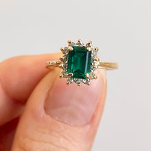 Load image into Gallery viewer, Estate 14KT Yellow Gold 1.25 CT Emerald-Cut Lab Emerald + Diamond Halo Ring